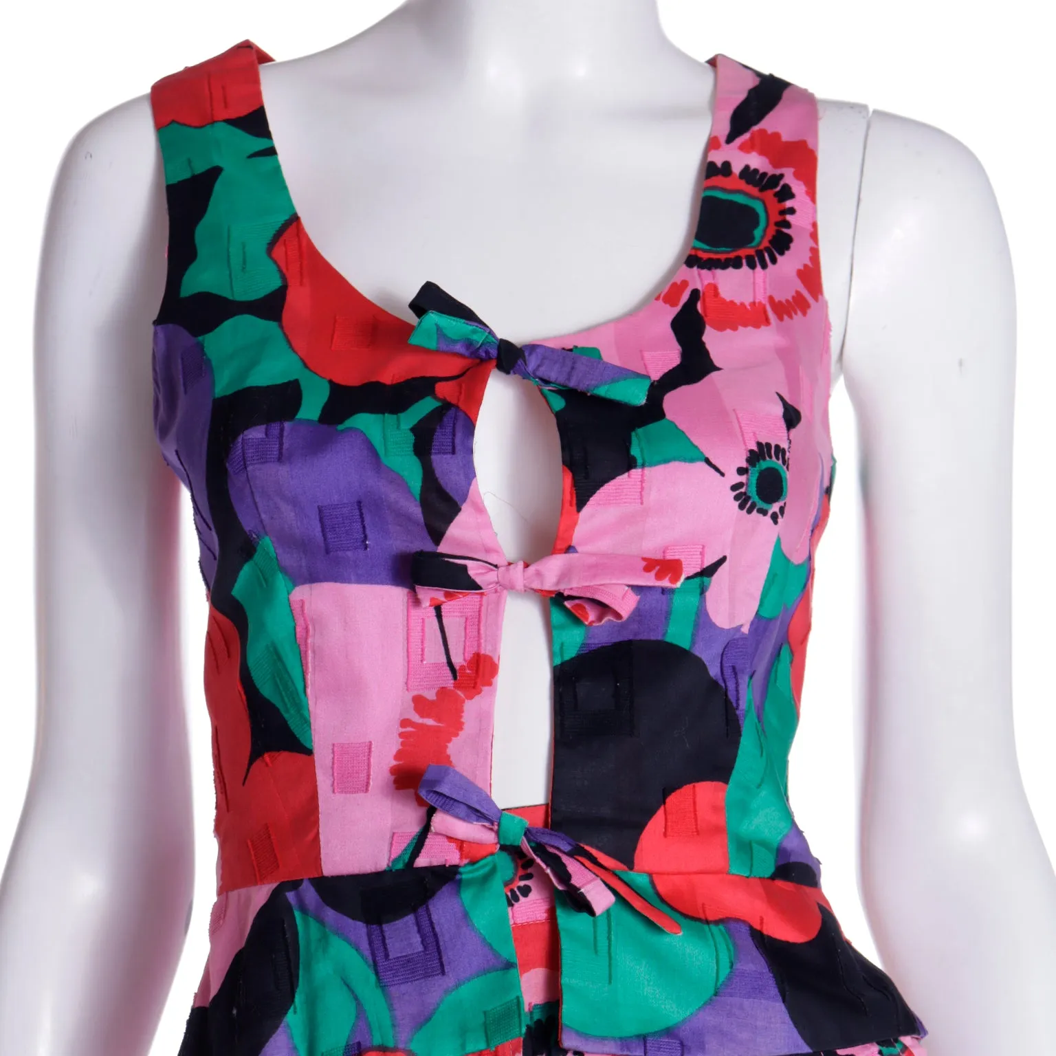 1970s Louis Feraud 2 pc Bold Floral Dress w Peek A Boo Sleeveless Top