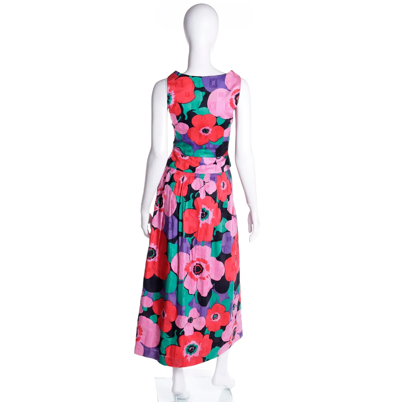 1970s Louis Feraud 2 pc Bold Floral Dress w Peek A Boo Sleeveless Top