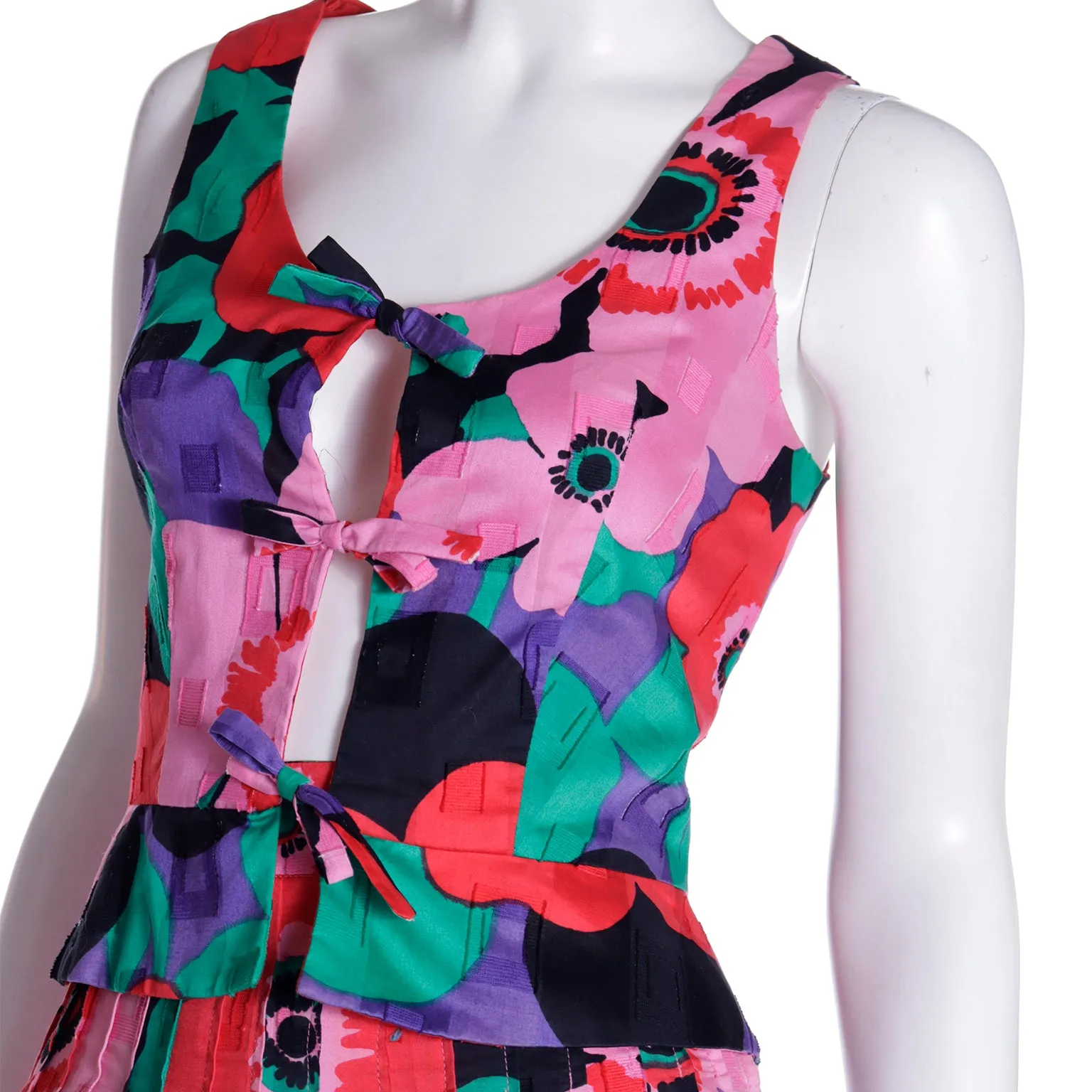 1970s Louis Feraud 2 pc Bold Floral Dress w Peek A Boo Sleeveless Top