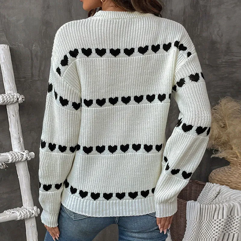 Autumn Winter Women White Long-Sleeved Love Sweater for Women