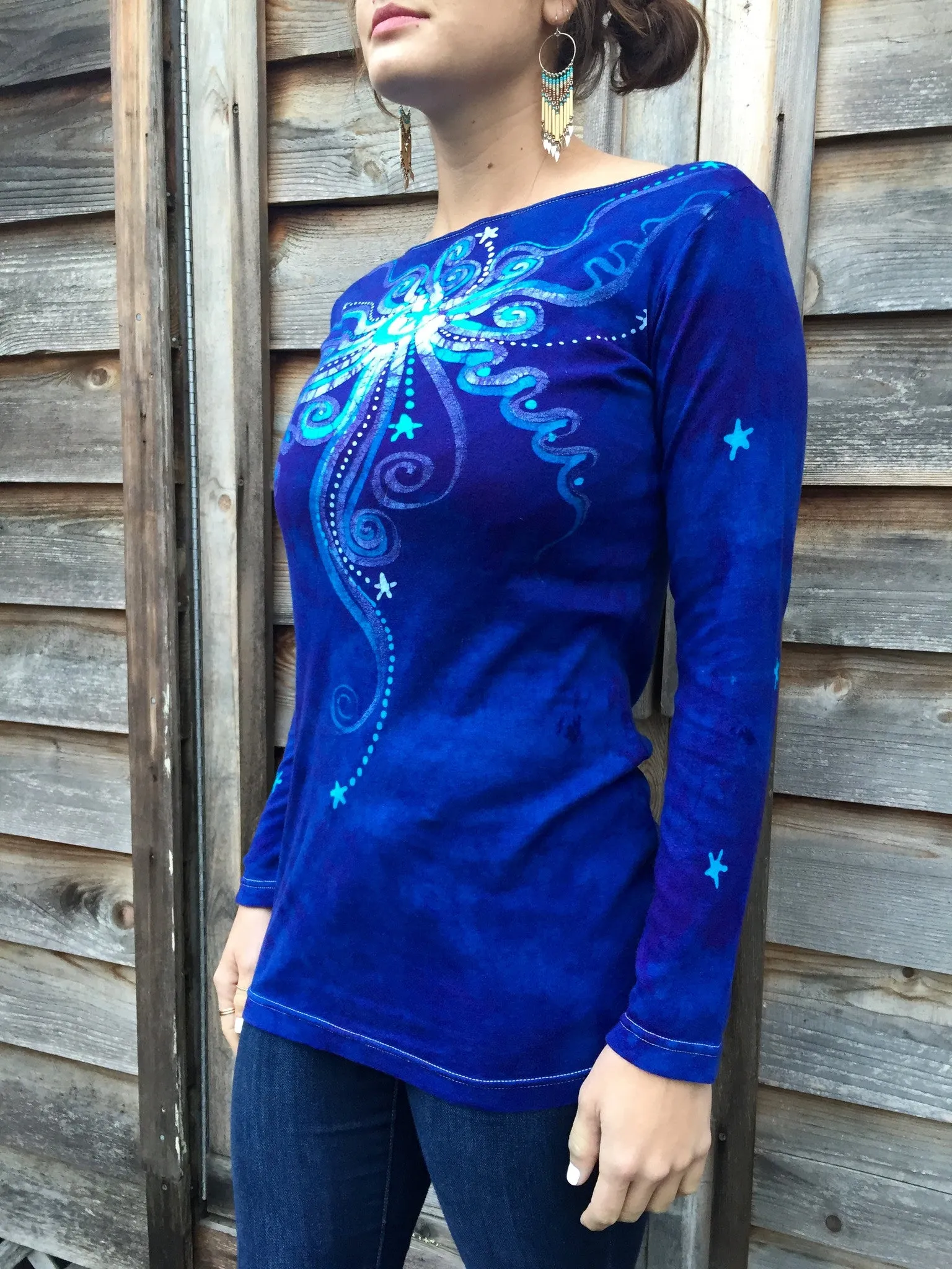 Brilliant Blue Center Star Long Sleeve Batik Top