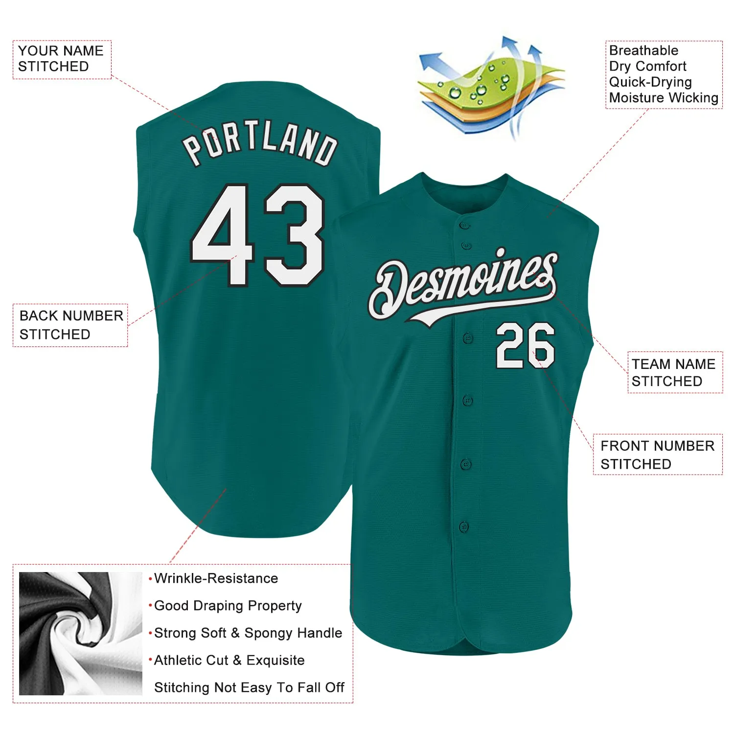 Custom Teal White-Black Authentic Sleeveless Baseball Jersey