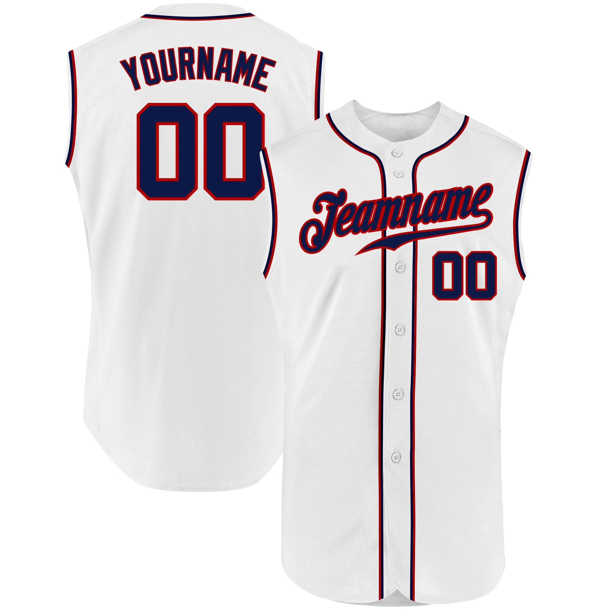 Custom White Navy-Red Authentic Sleeveless Baseball Jersey