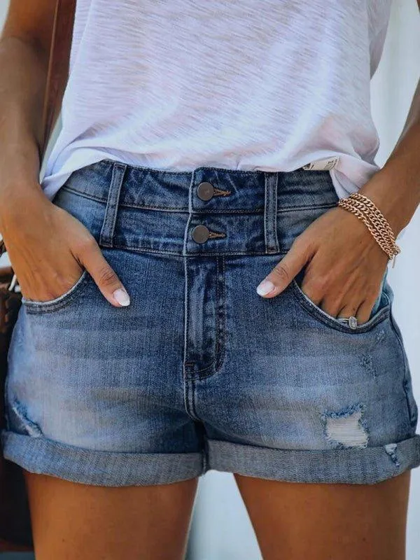 Distressed Rolled Edge Denim Shorts