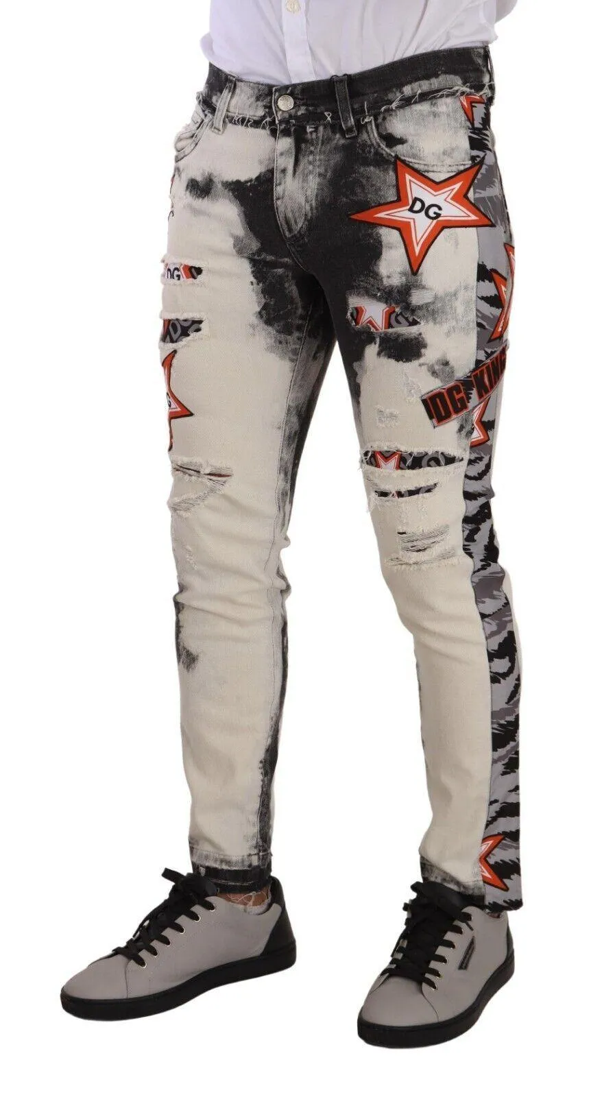 Dolce & Gabbana White Black Cotton Distressed Skinny Denim Jeans