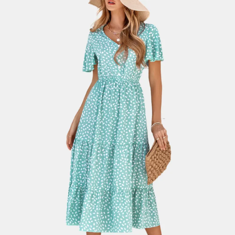 Floral Green Dress | Button Up Short Sleeve