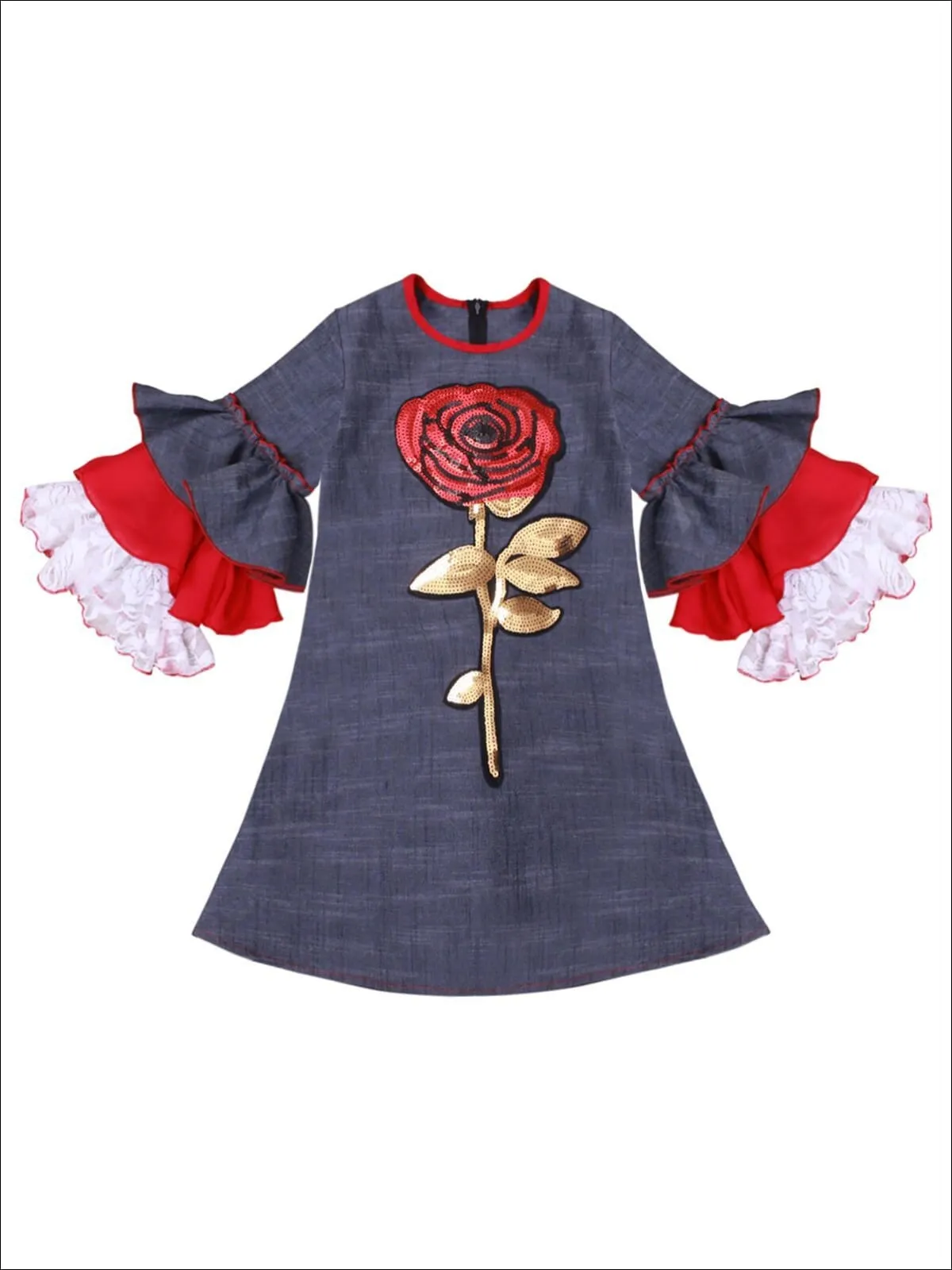 Girls Long Tiered Ruffled Sleeve Dress with Floral Trim