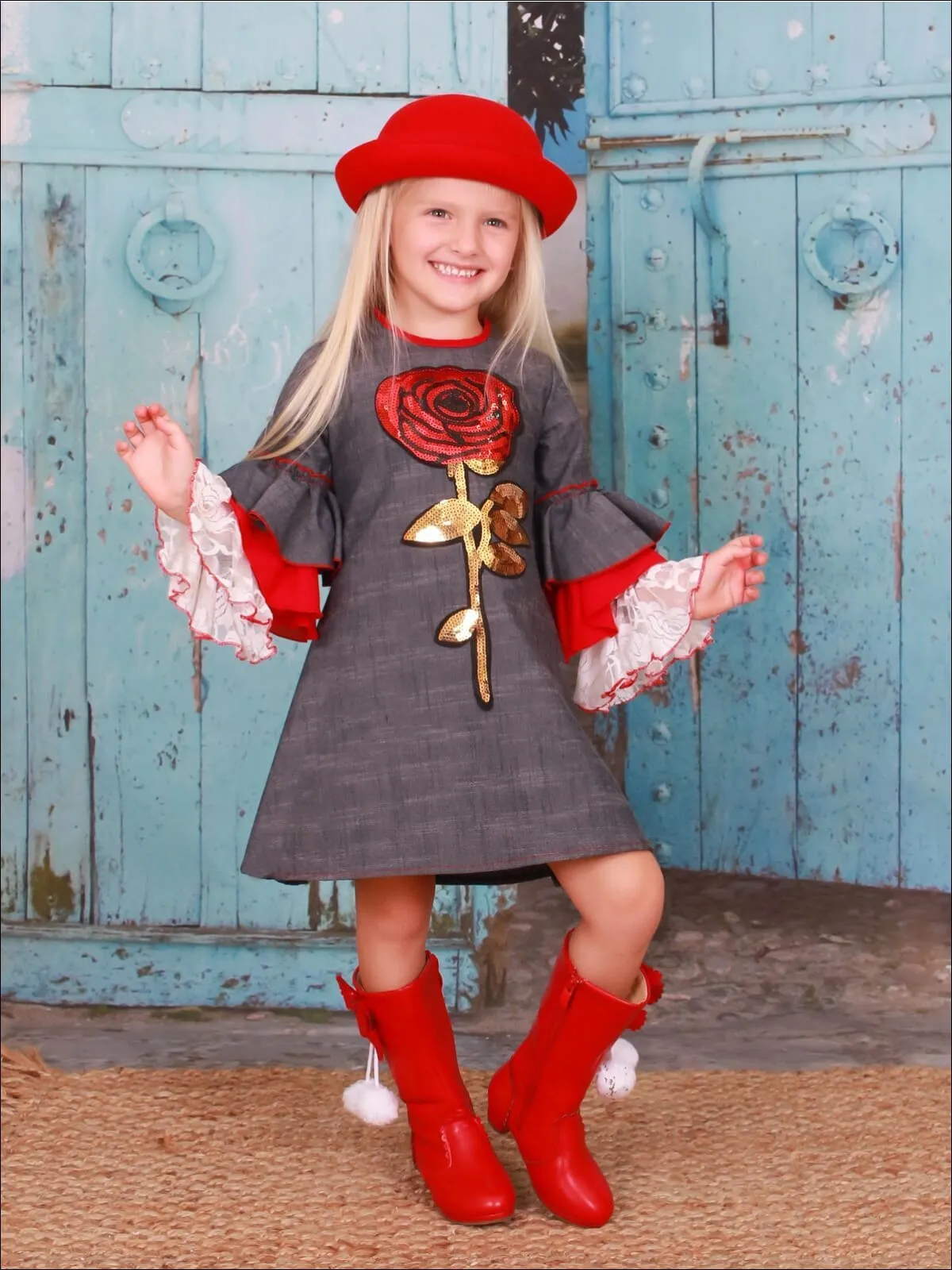 Girls Long Tiered Ruffled Sleeve Dress with Floral Trim