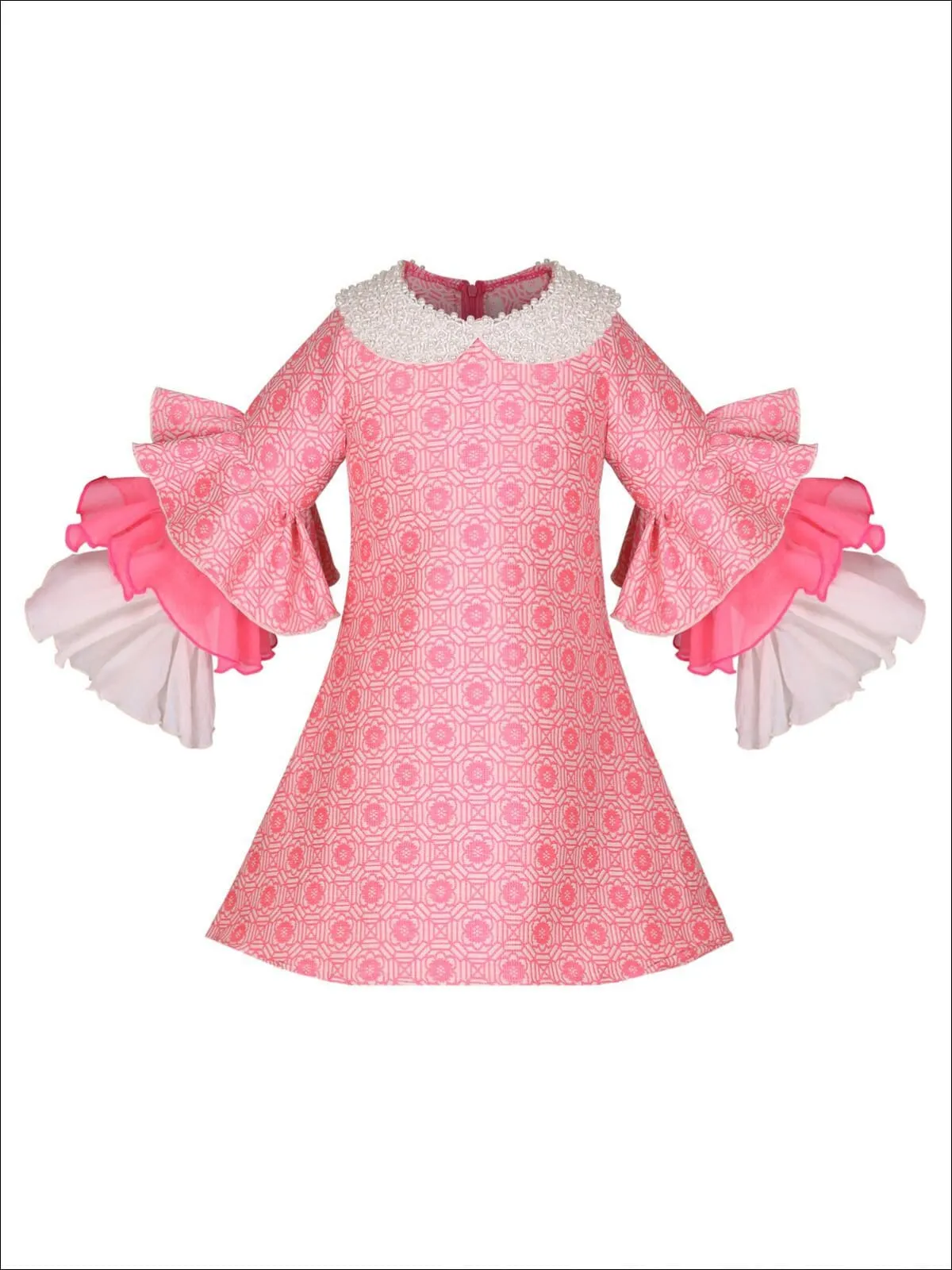 Girls Long Tiered Ruffled Sleeve Dress with Floral Trim