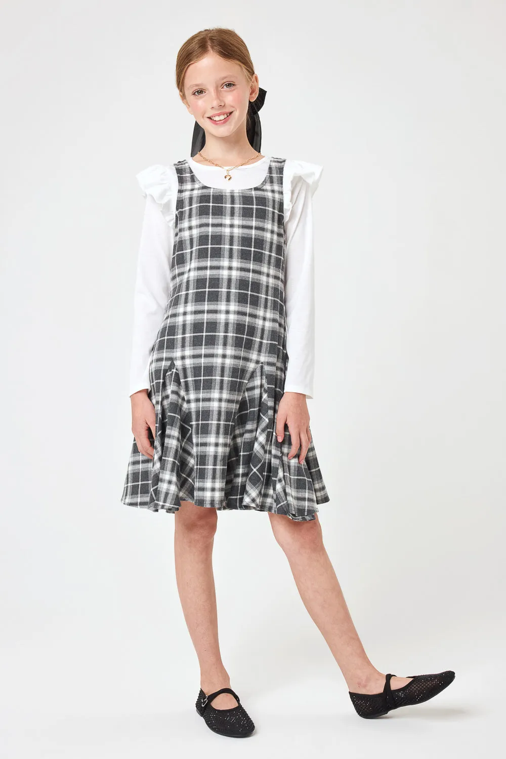 Kids Charcoal Grey Plaid Godet Dress w Hair Bow