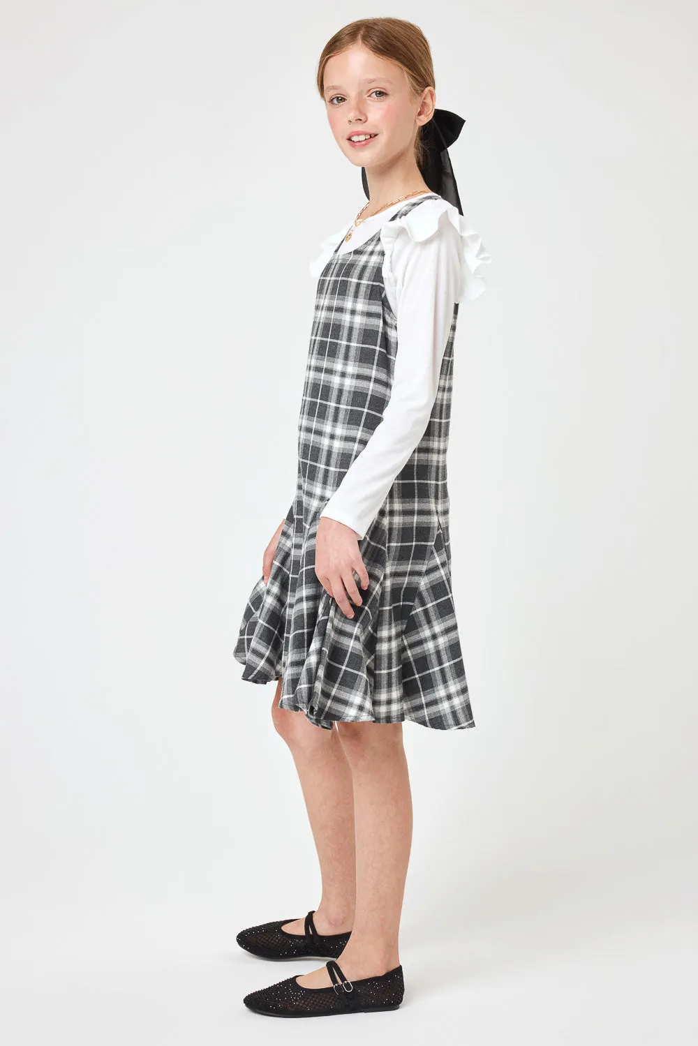 Kids Charcoal Grey Plaid Godet Dress w Hair Bow