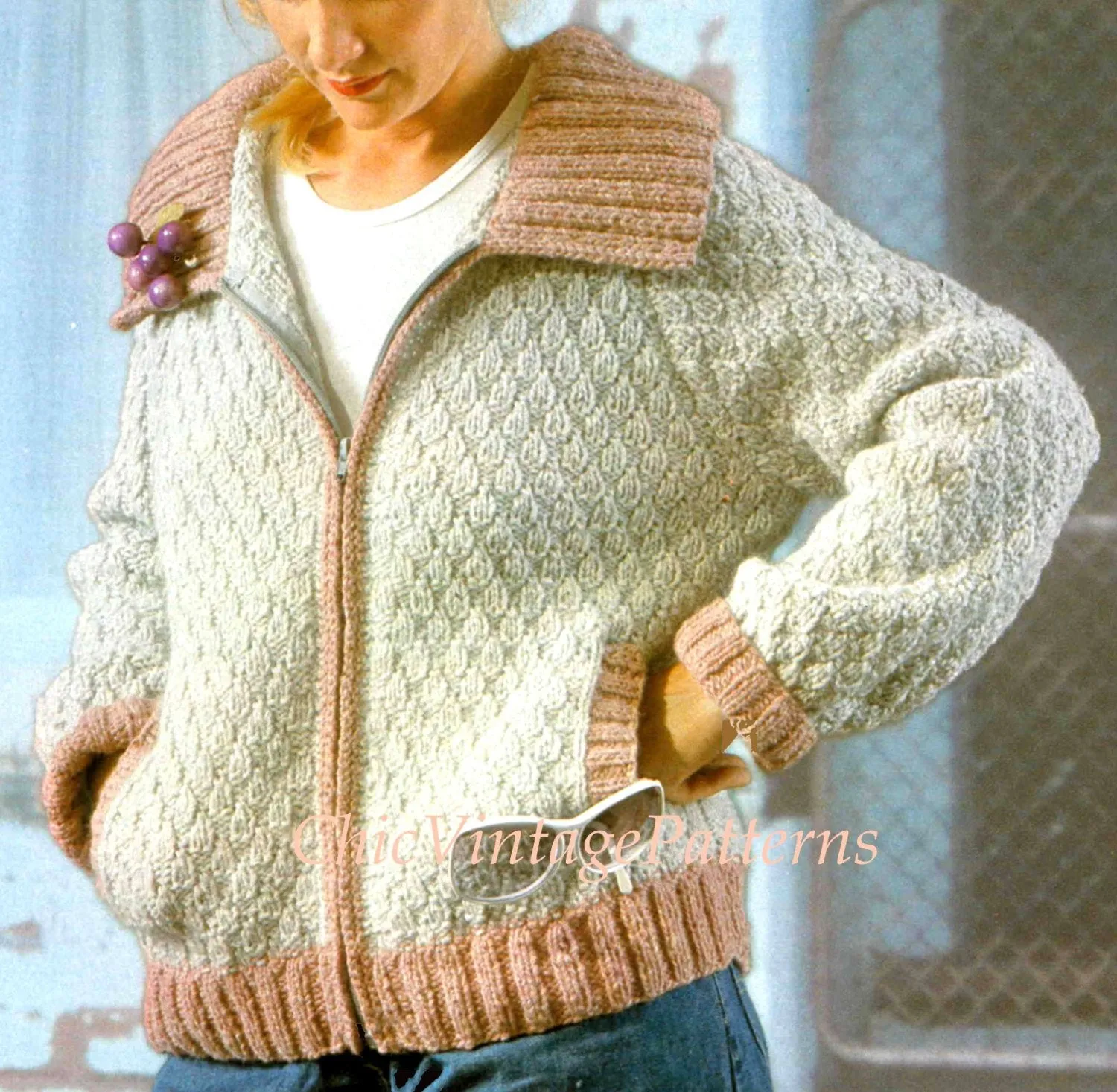 Ladies Knitted Sports Jacket Pattern, Chunky Bomber Style, PDF Knitting Pattern