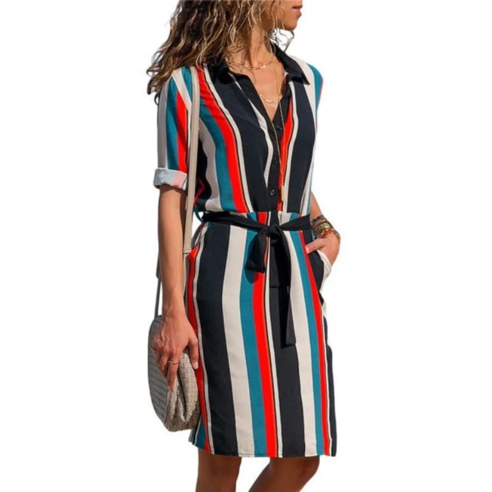 Long Sleeve Shirt Striped Print A-line Mini  Dress