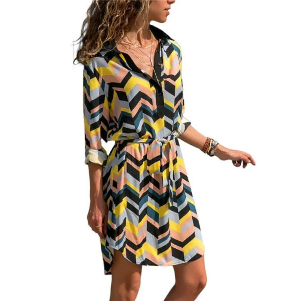 Long Sleeve Shirt Striped Print A-line Mini  Dress