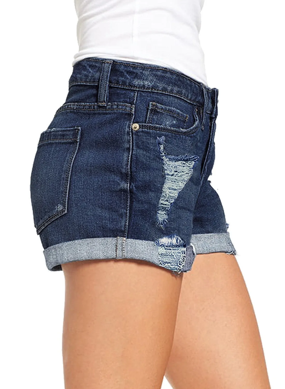 luvamia Women's Ripped Denim Jean Shorts Mid Rise Stretchy Folded Hem Short Jeans