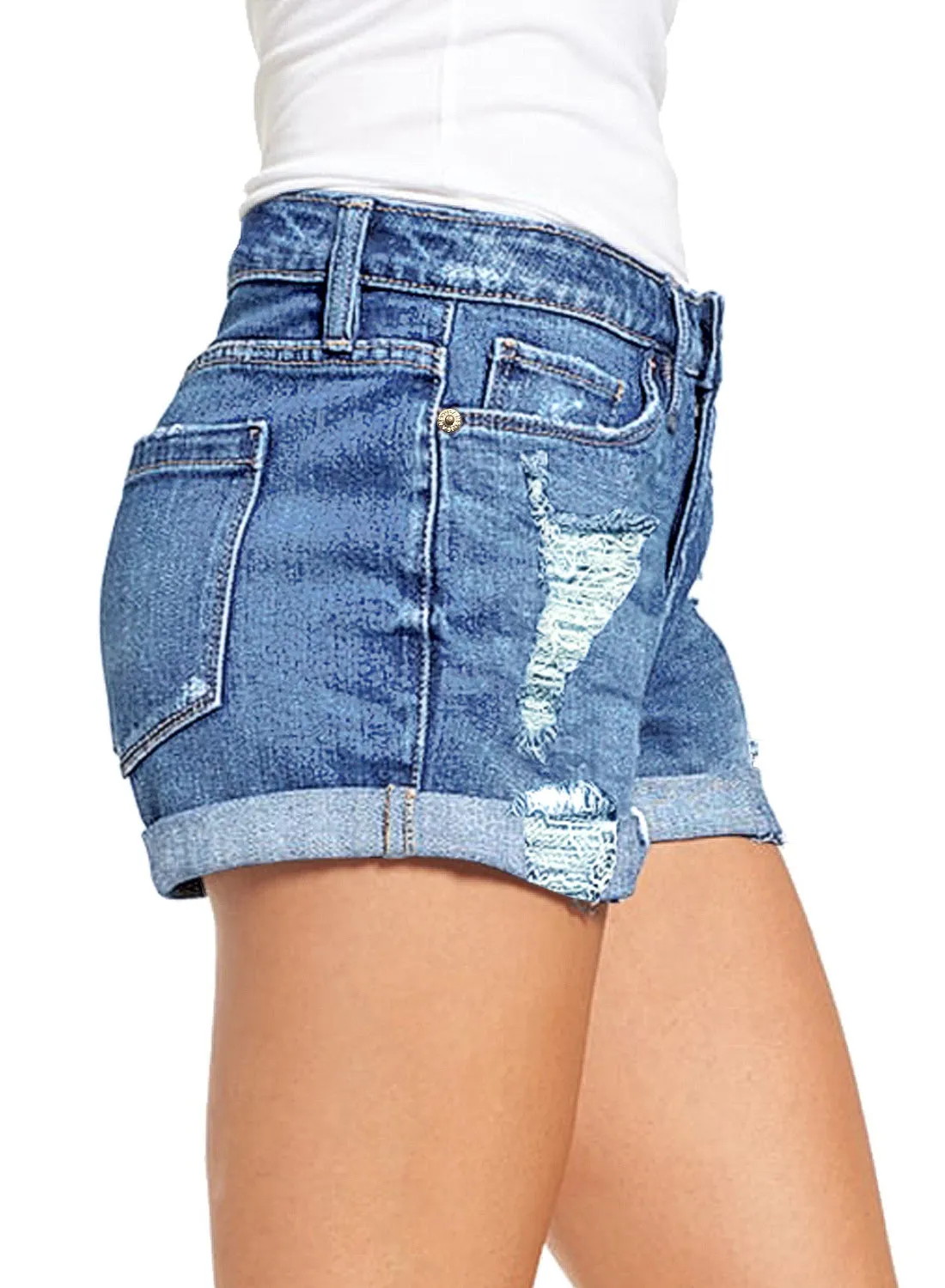 luvamia Women's Ripped Denim Jean Shorts Mid Rise Stretchy Folded Hem Short Jeans