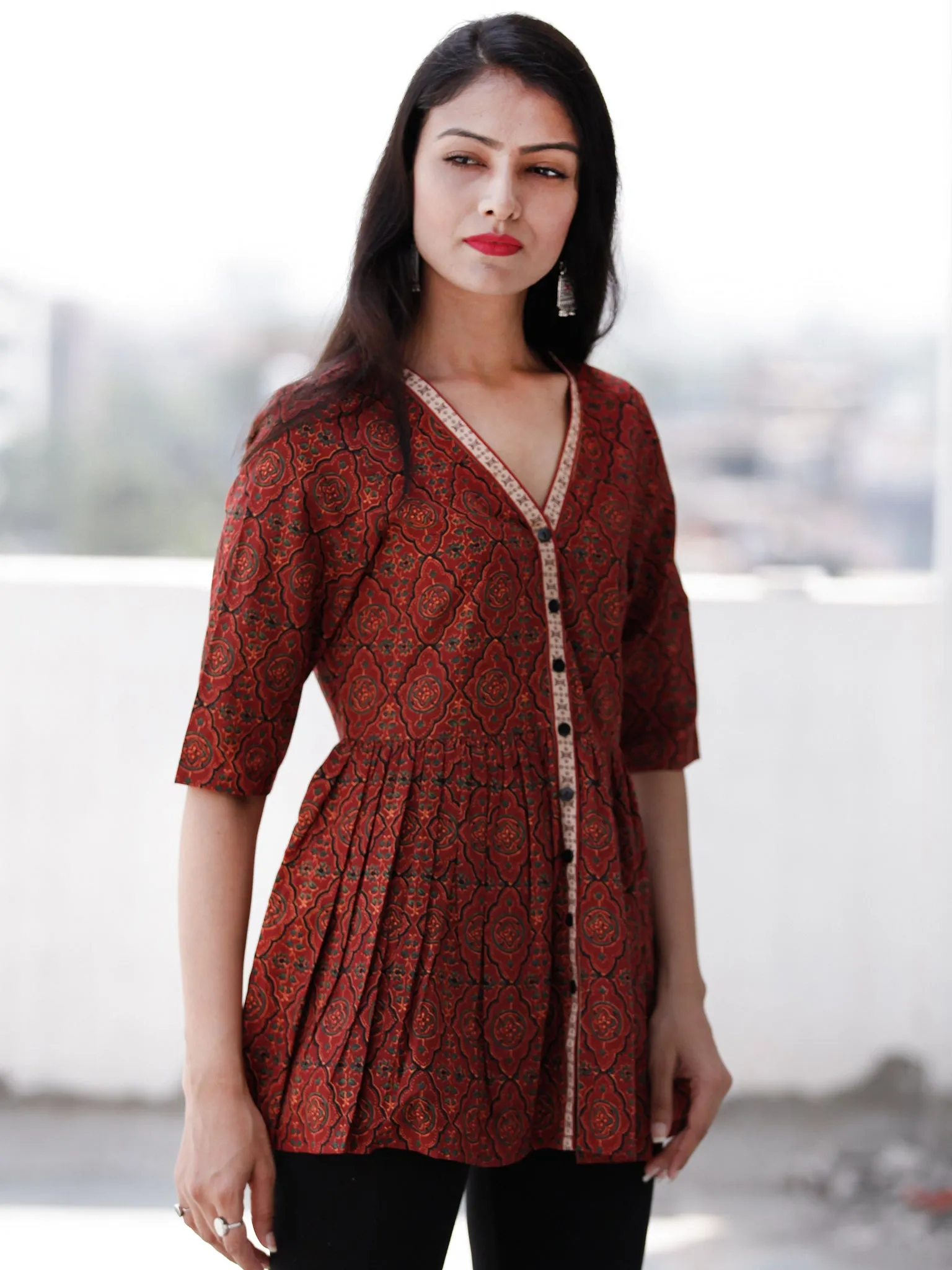 Maroon Black Hand Block Printed Cotton Top  - T61F1875