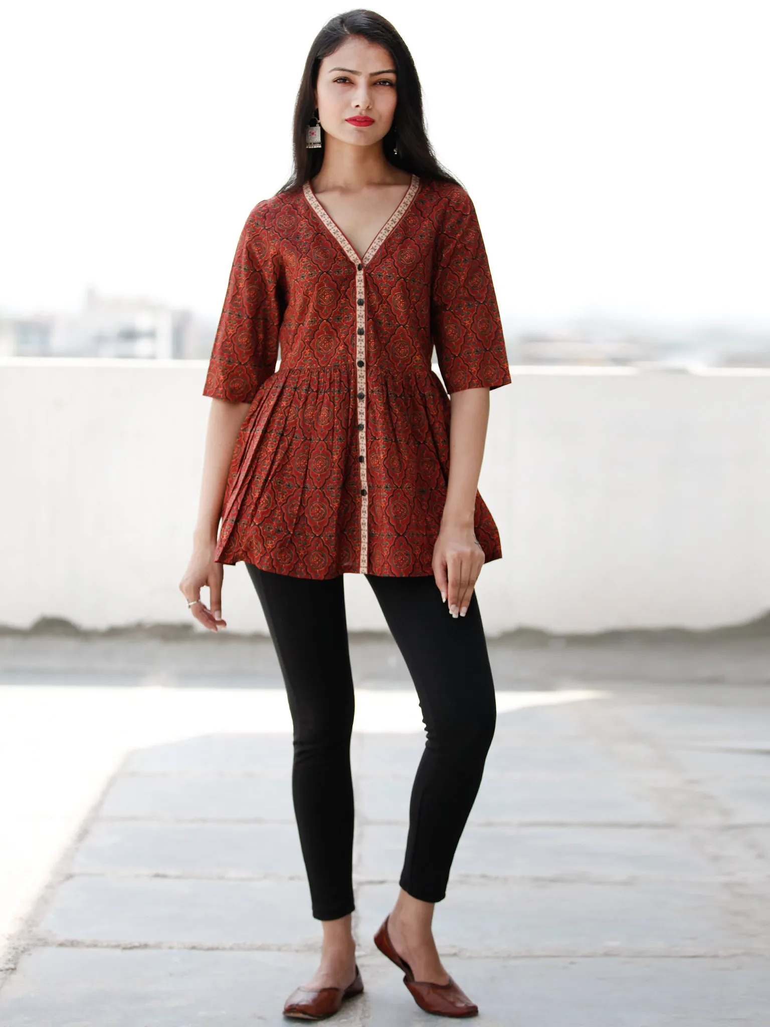 Maroon Black Hand Block Printed Cotton Top  - T61F1875