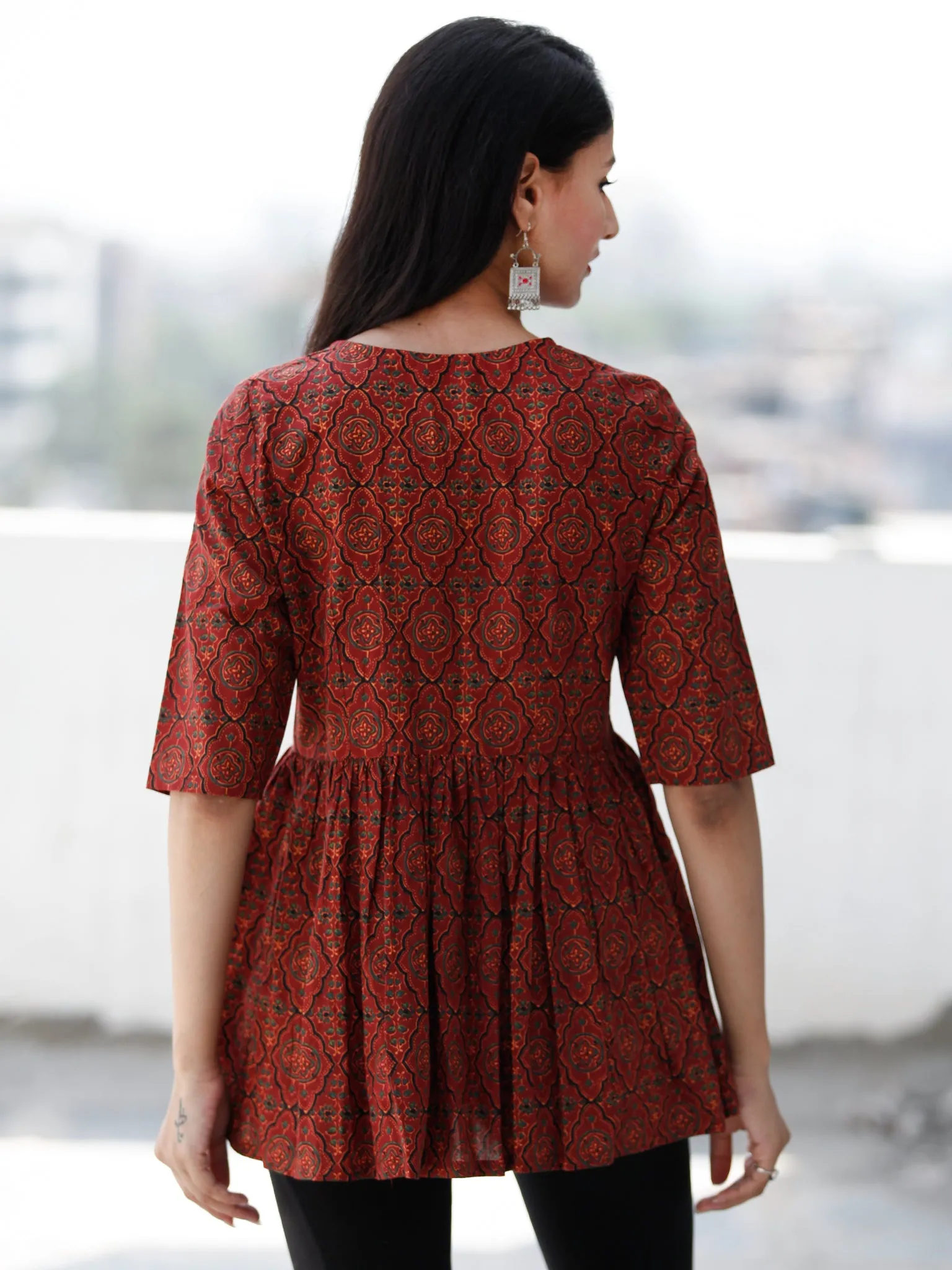 Maroon Black Hand Block Printed Cotton Top  - T61F1875