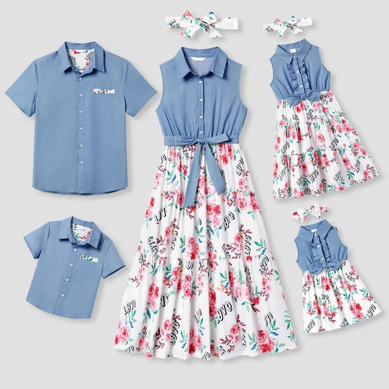 Matching Family Outfits Denim Stitching Flower Print Mommy and Me Dresses