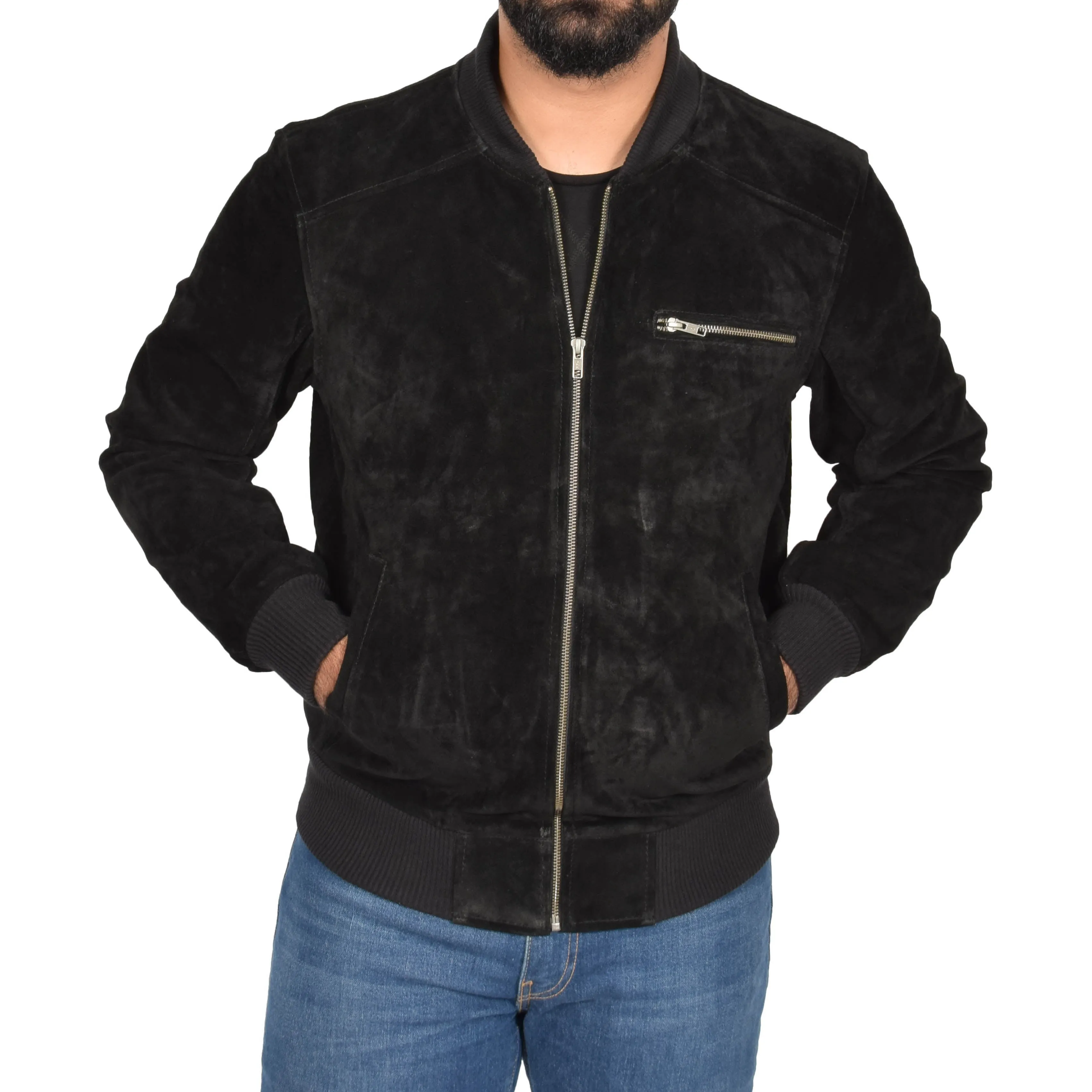 Mens Genuine Suede Bomber Jacket Roco Black