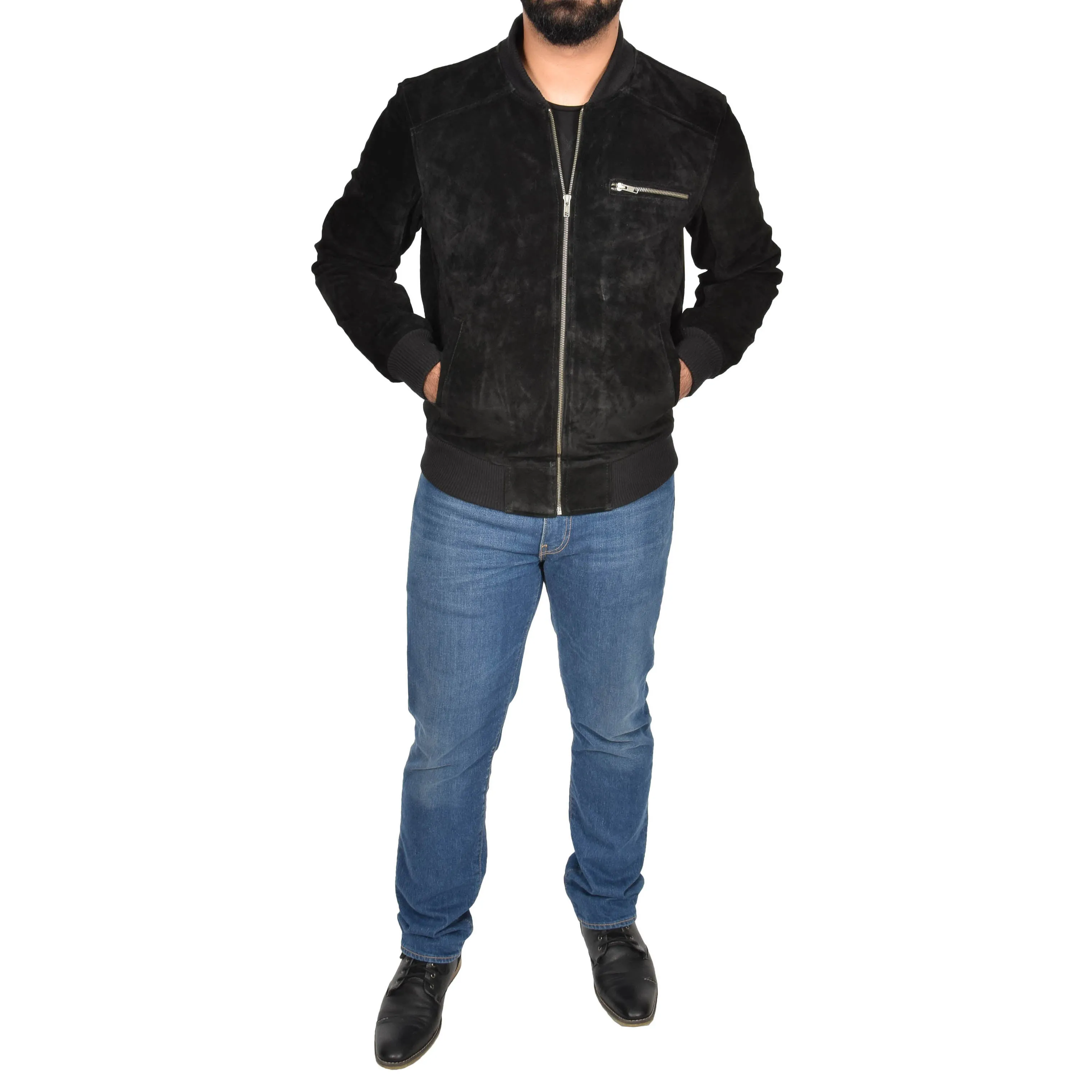 Mens Genuine Suede Bomber Jacket Roco Black