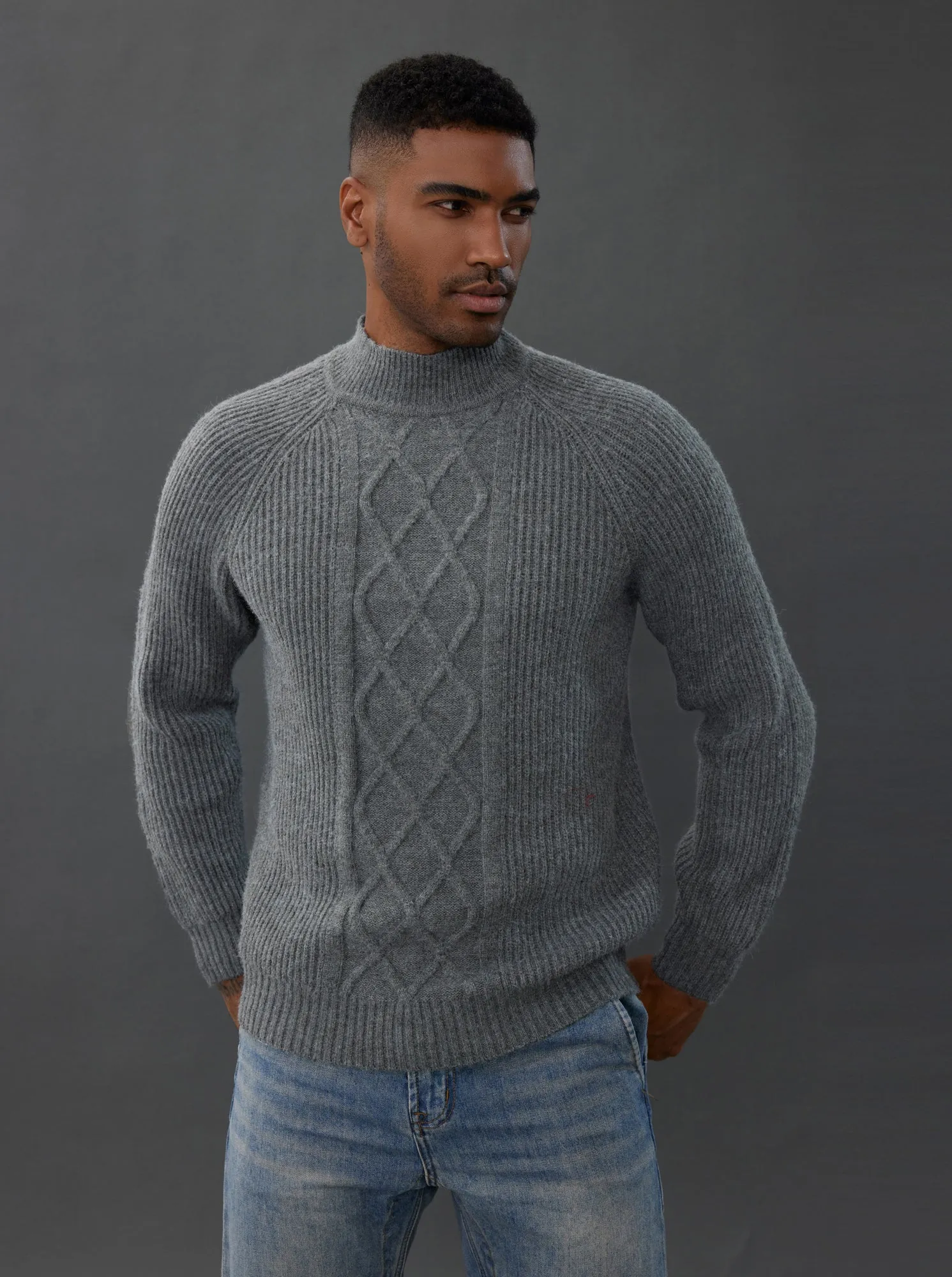 Men's Mock Neck Sweater Casual Cable Twisted Knitted Pullover Casual Sweaters