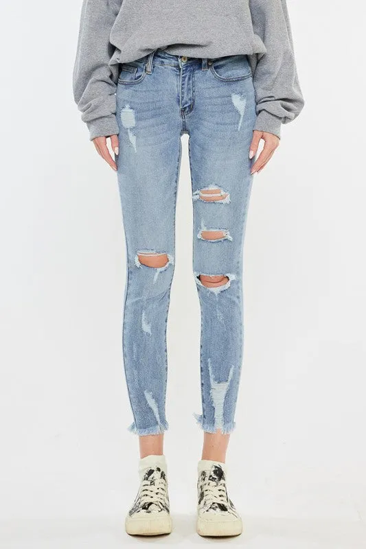 Mid Rise Distressed Ankle Skinny Jeans