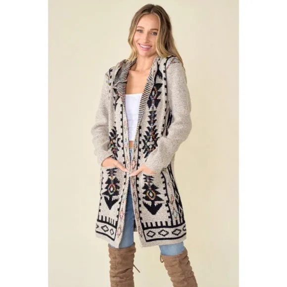 Oatmeal Aztec Rainbow Western Hooded Knit Cardigan Long Sleeve Open Sweater