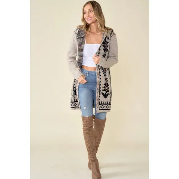 Oatmeal Aztec Rainbow Western Hooded Knit Cardigan Long Sleeve Open Sweater