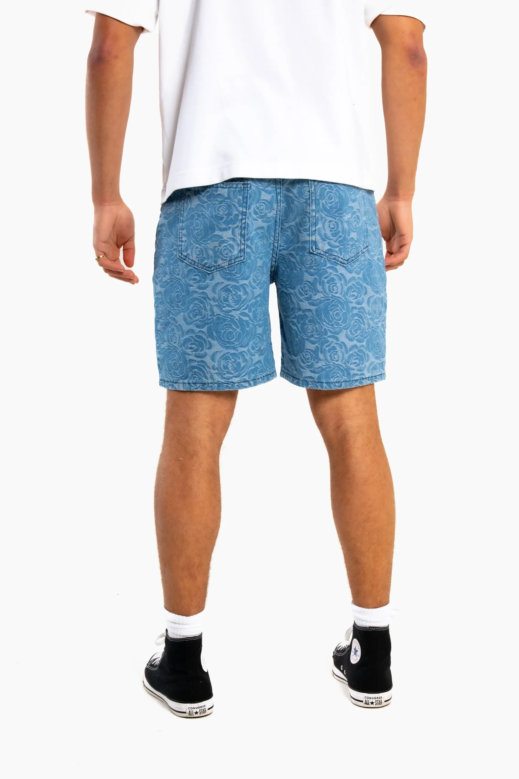 Oversized Floral Textured Jacquard Denim Shorts