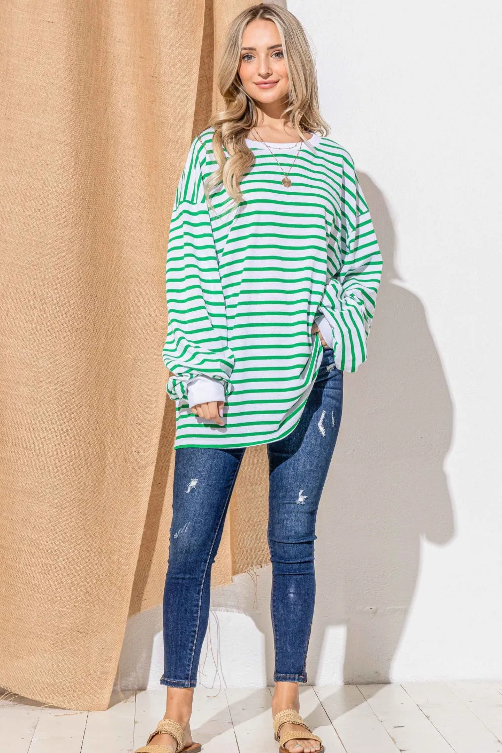 Oversized Striped Balloon Sleeve Top New Women's Fashion Baggy Long Sleeve Shirt