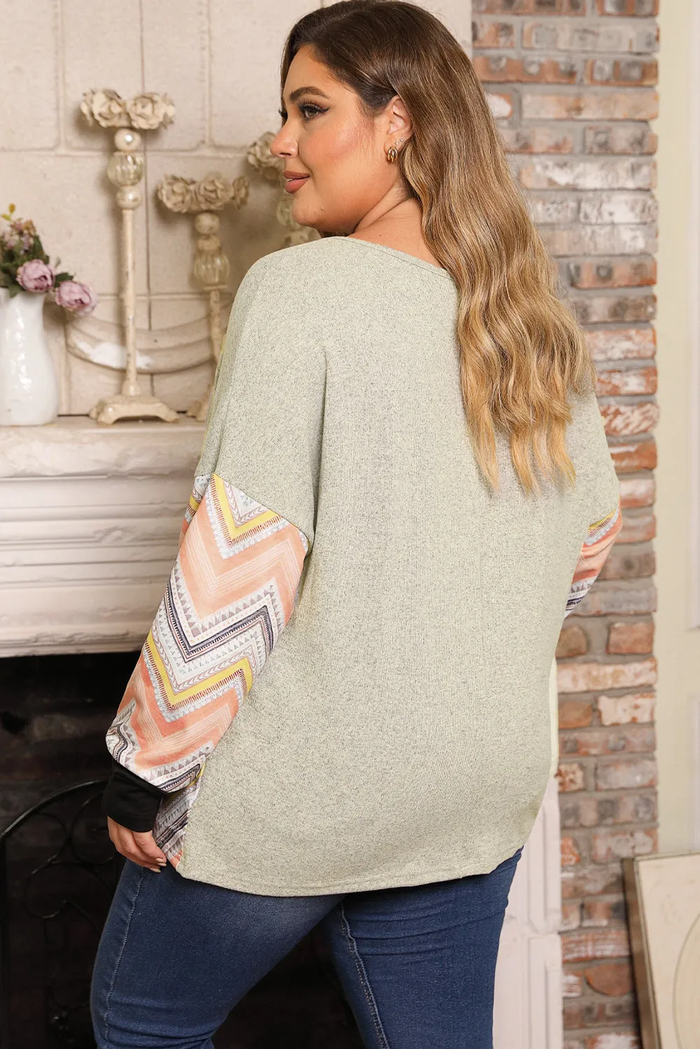 Plus Size Exposed Seam Print Long Sleeve T-Shirt