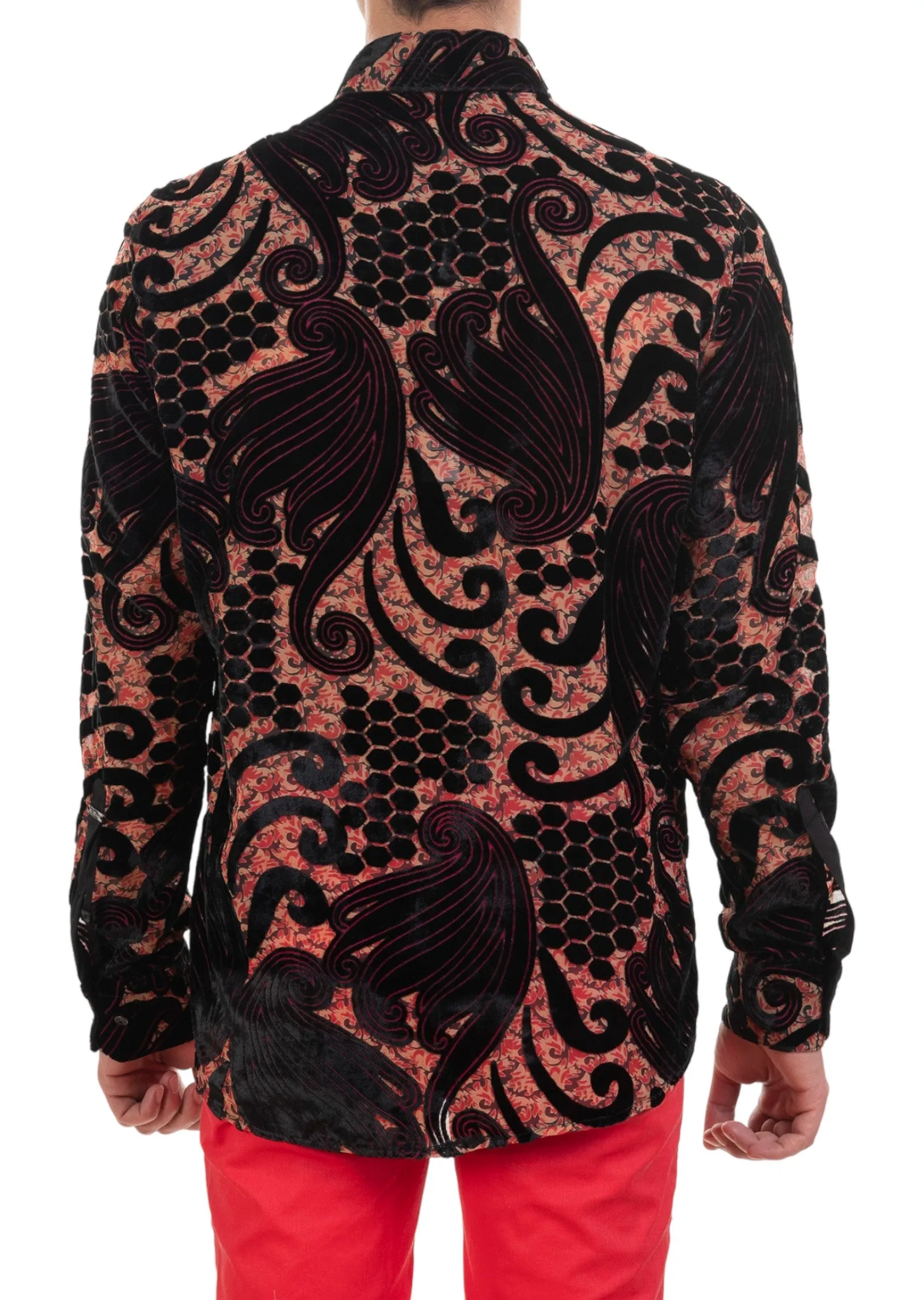 Red Baroque Leaf Velvet Shirt