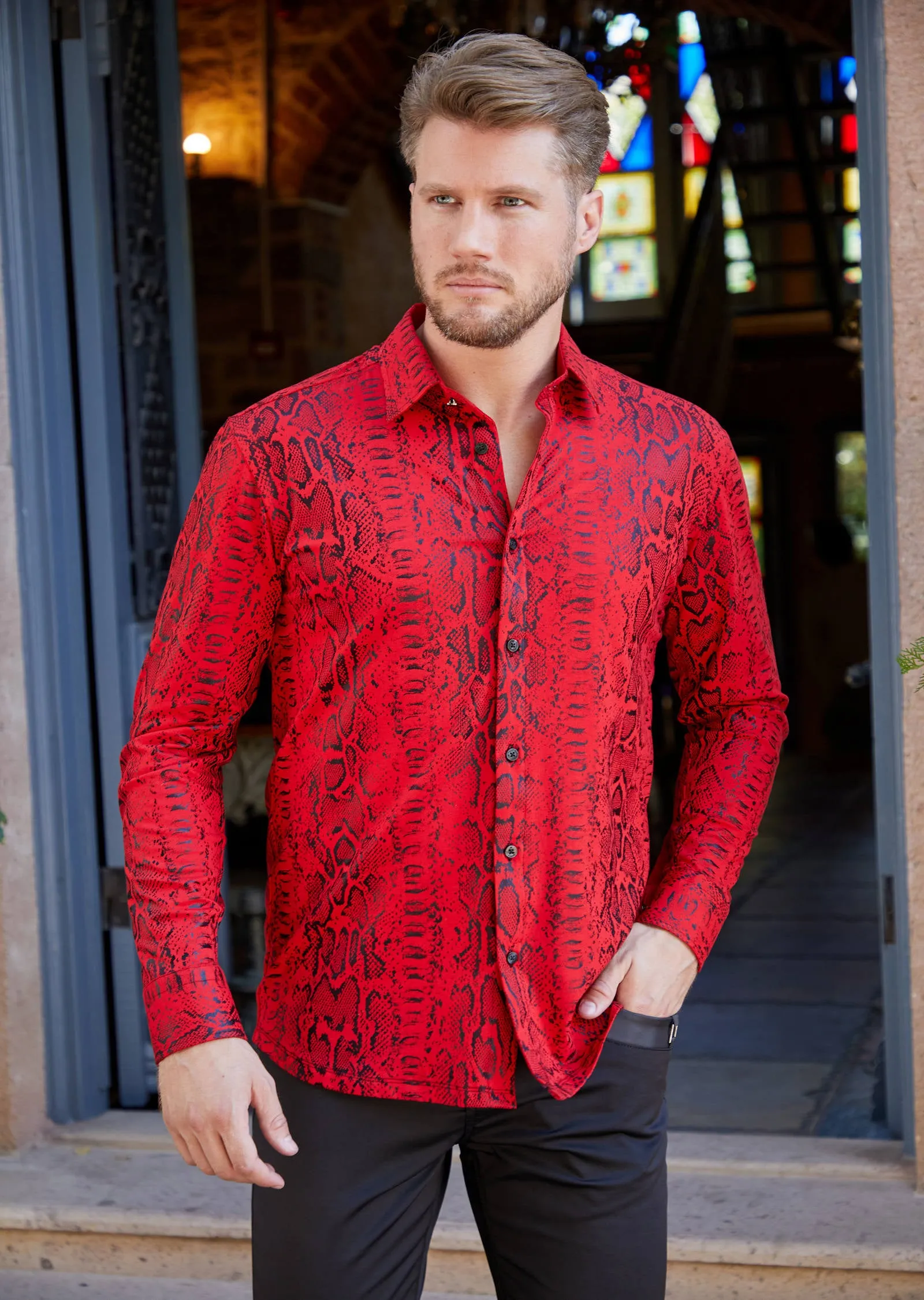 Red Black Snake Foil Knit Shirt