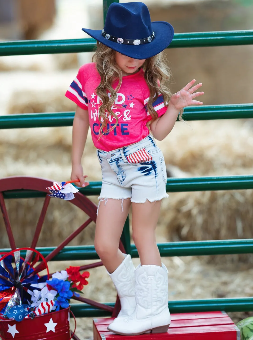 Red, White, and Cute Denim Shorts Set