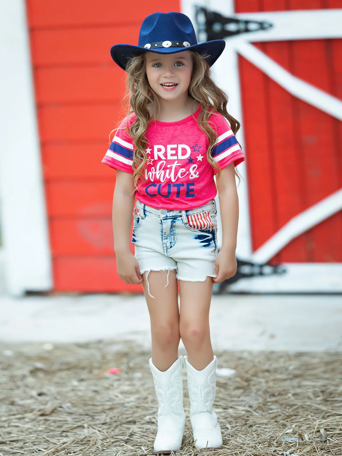 Red, White, and Cute Denim Shorts Set