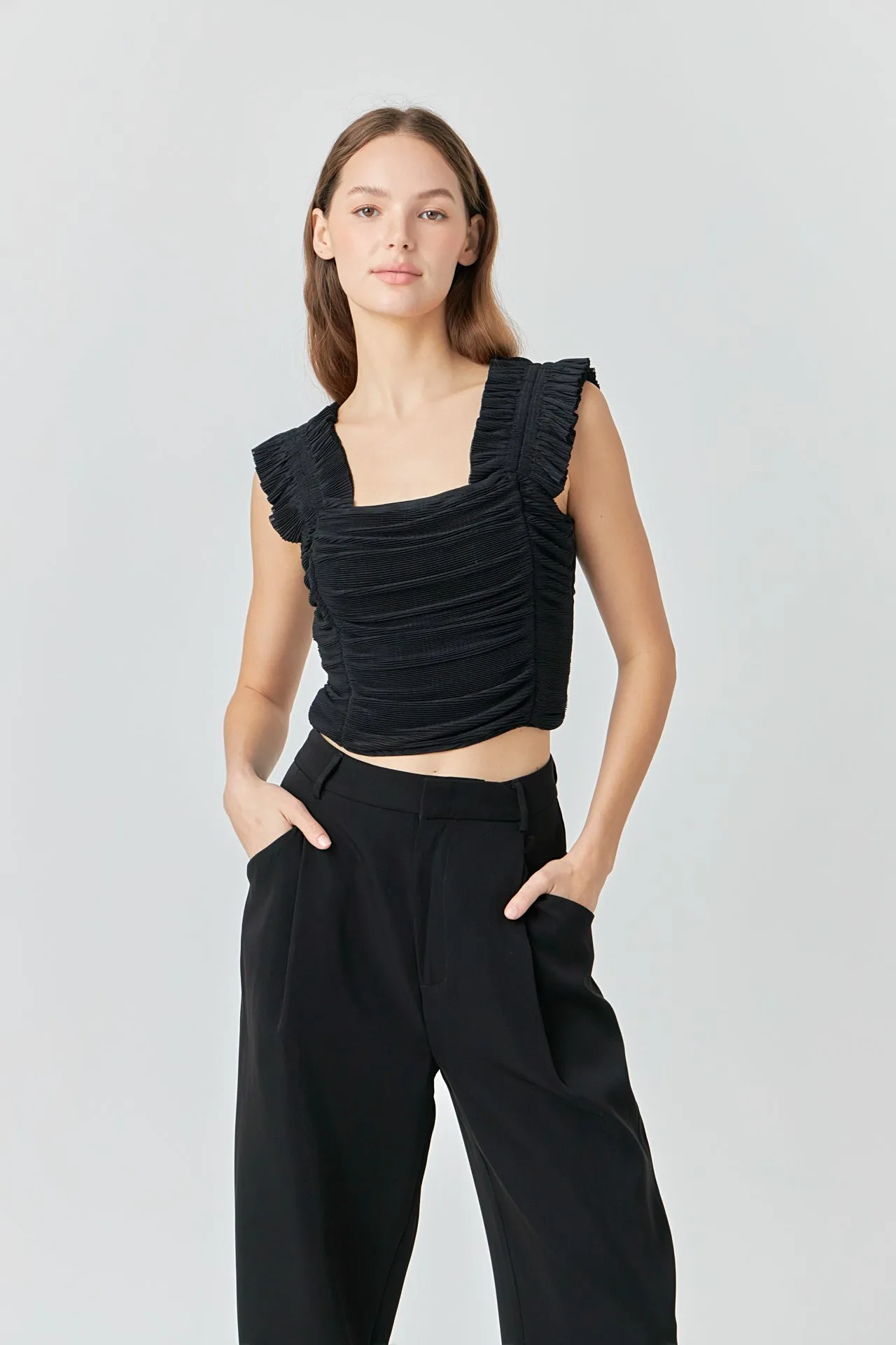 Ruffled Pleated Mesh Tank Top