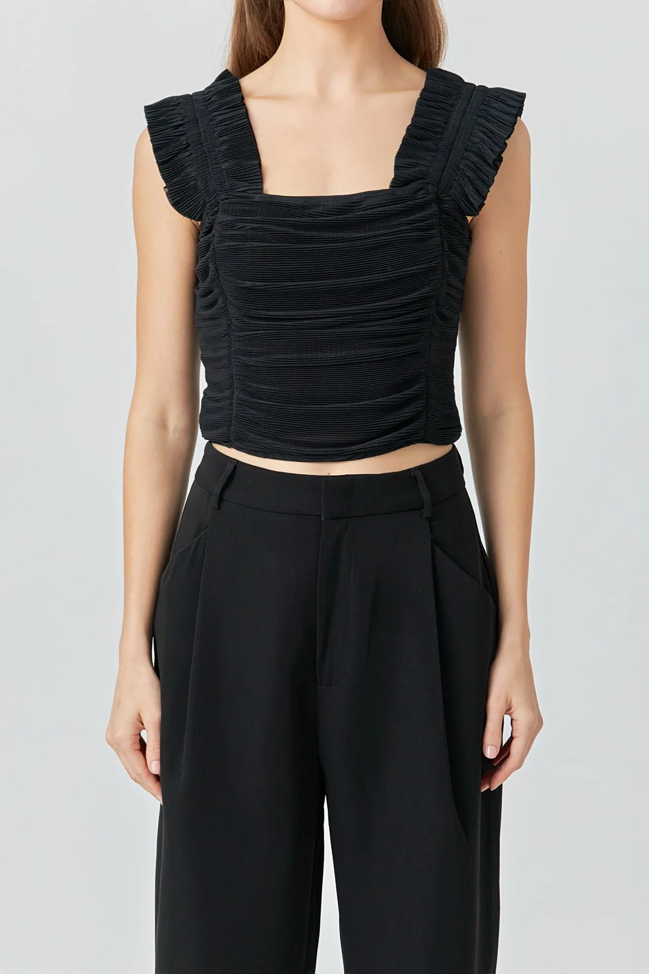 Ruffled Pleated Mesh Tank Top