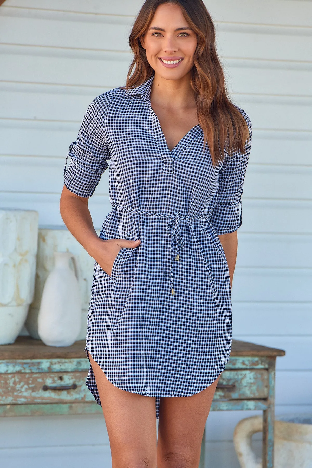 Siara Black Gingham Long Sleeve Shirt Dress