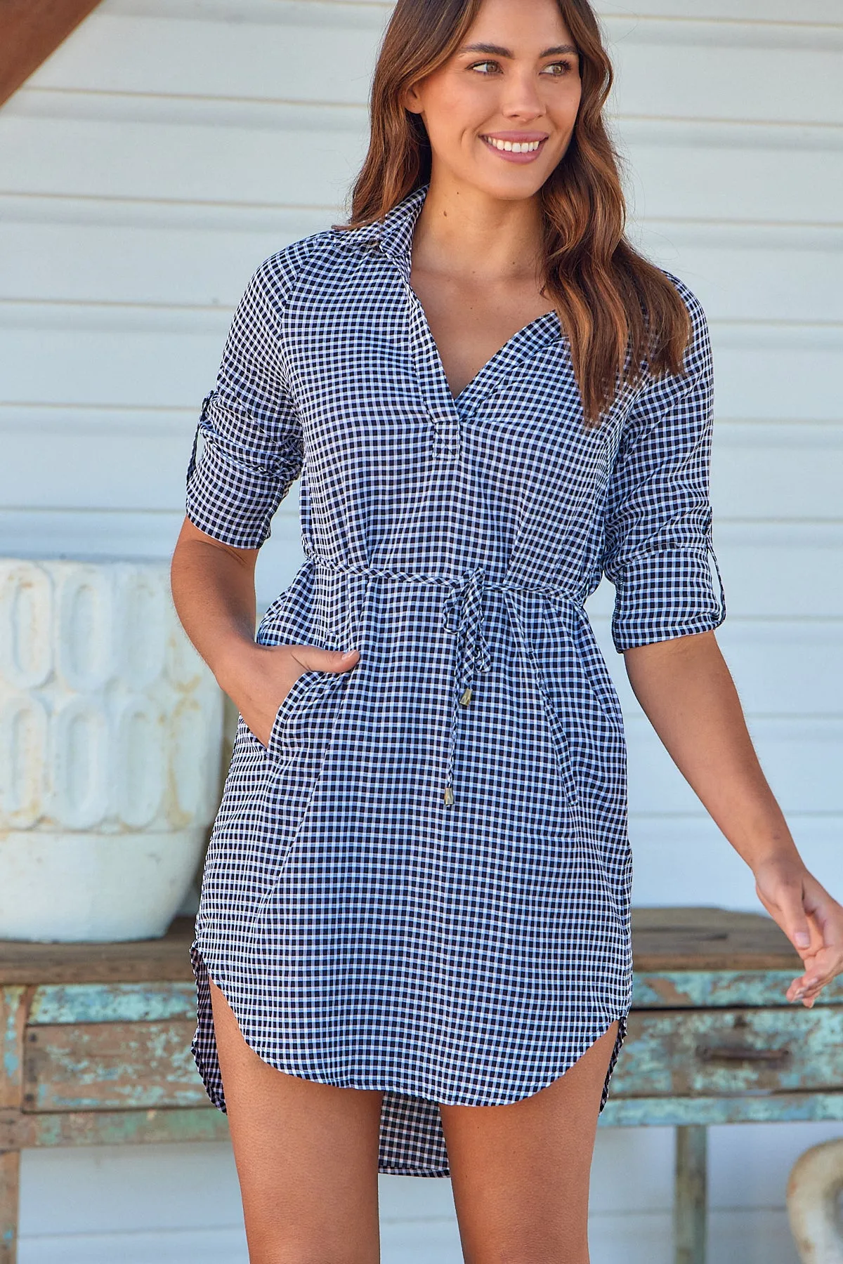 Siara Black Gingham Long Sleeve Shirt Dress