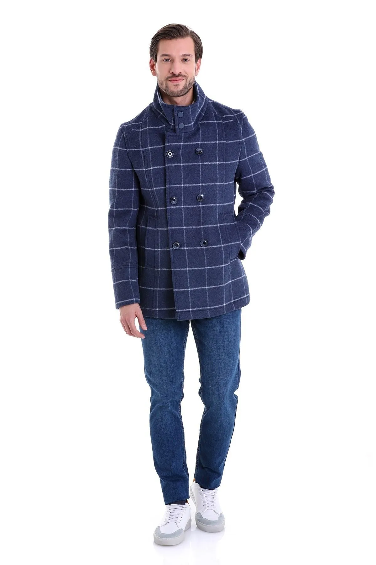 Slim Fit Double Breasted Light Navy Wool Blend Coat