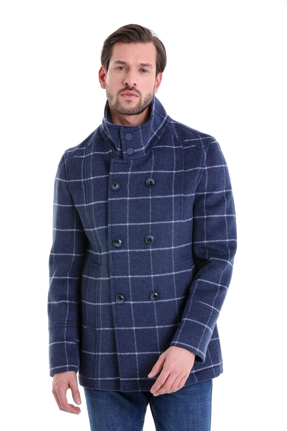 Slim Fit Double Breasted Light Navy Wool Blend Coat