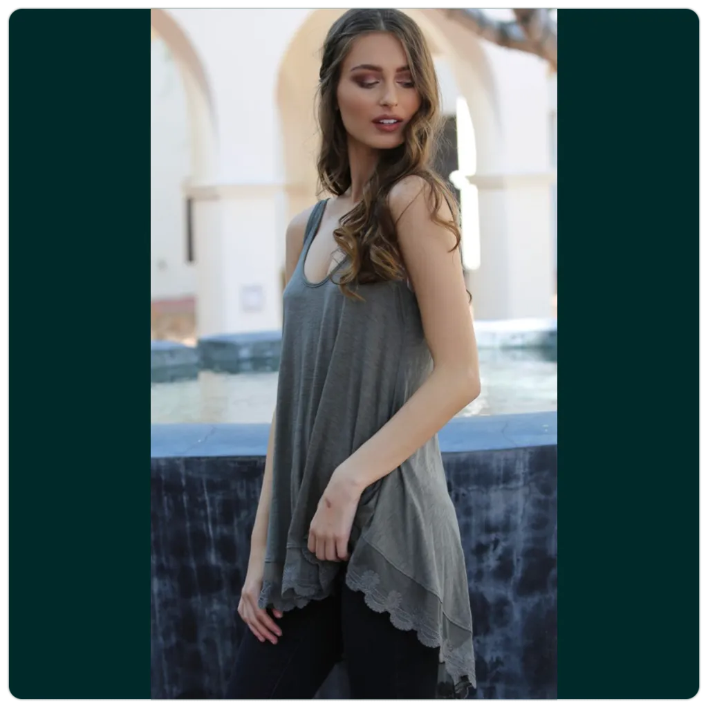 Slubby V-Neck Lace Hem Tank