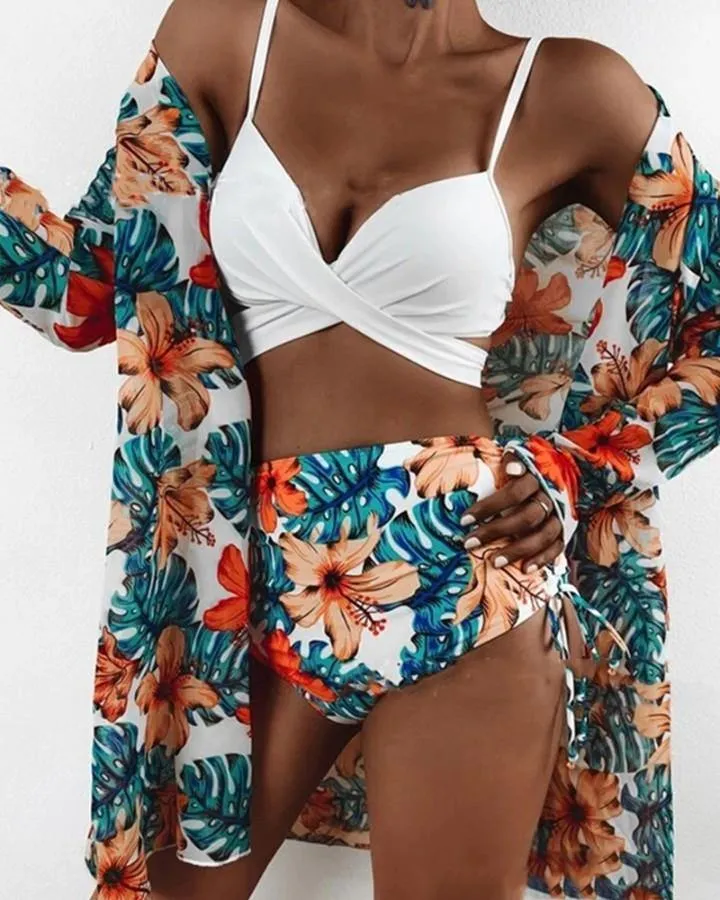 Solid Color Sling Tube Top And Floral Print Long Sleeve Coat And Panties Bikini Sets