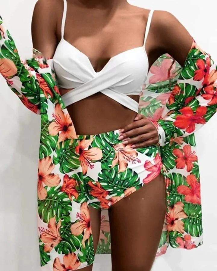 Solid Color Sling Tube Top And Floral Print Long Sleeve Coat And Panties Bikini Sets