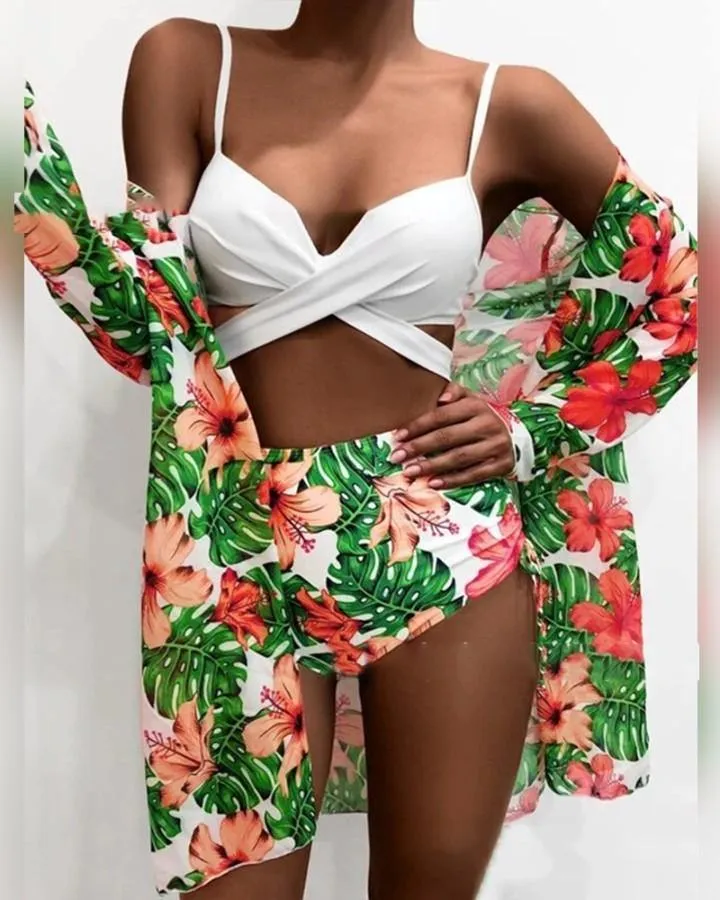 Solid Color Sling Tube Top And Floral Print Long Sleeve Coat And Panties Bikini Sets