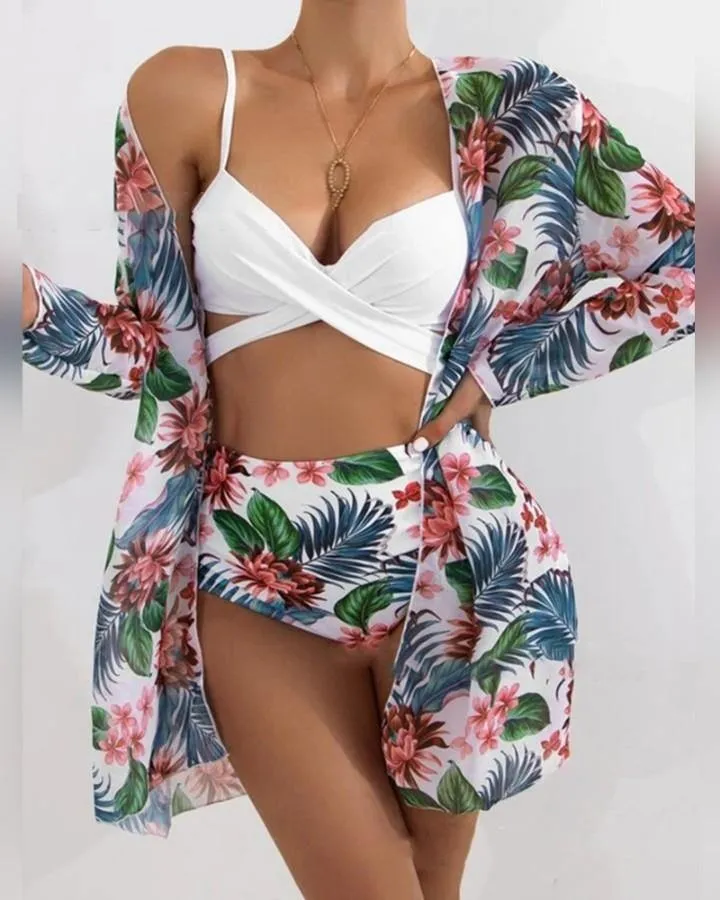 Solid Color Sling Tube Top And Floral Print Long Sleeve Coat And Panties Bikini Sets