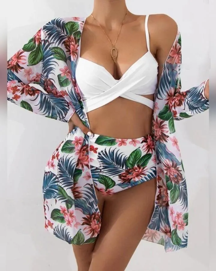 Solid Color Sling Tube Top And Floral Print Long Sleeve Coat And Panties Bikini Sets