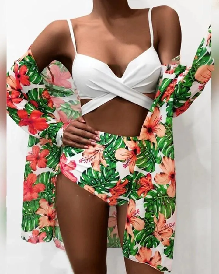 Solid Color Sling Tube Top And Floral Print Long Sleeve Coat And Panties Bikini Sets